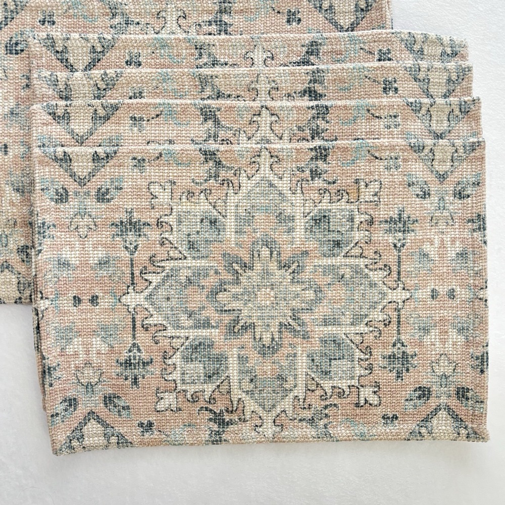 Nicole Miller Placemats Set of 8 Pink Peach Blue Oriental Medallion Woven Boho